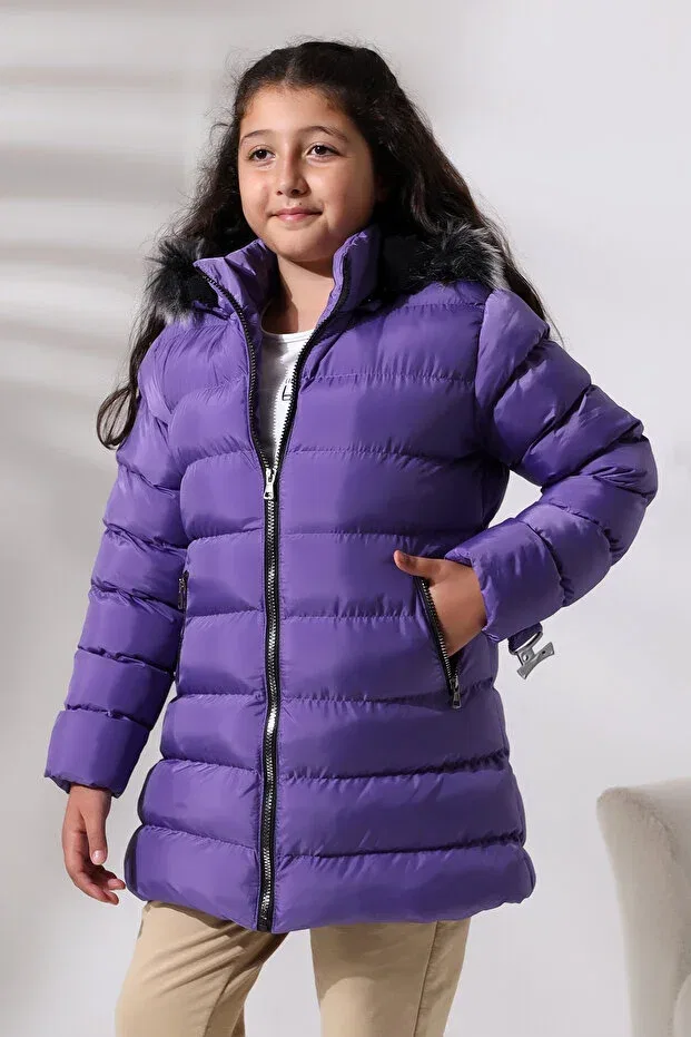 Детское пальто для девочек с капюшоном Lila color fur inside belted children's mount Talsmoda, Lila — фото 4