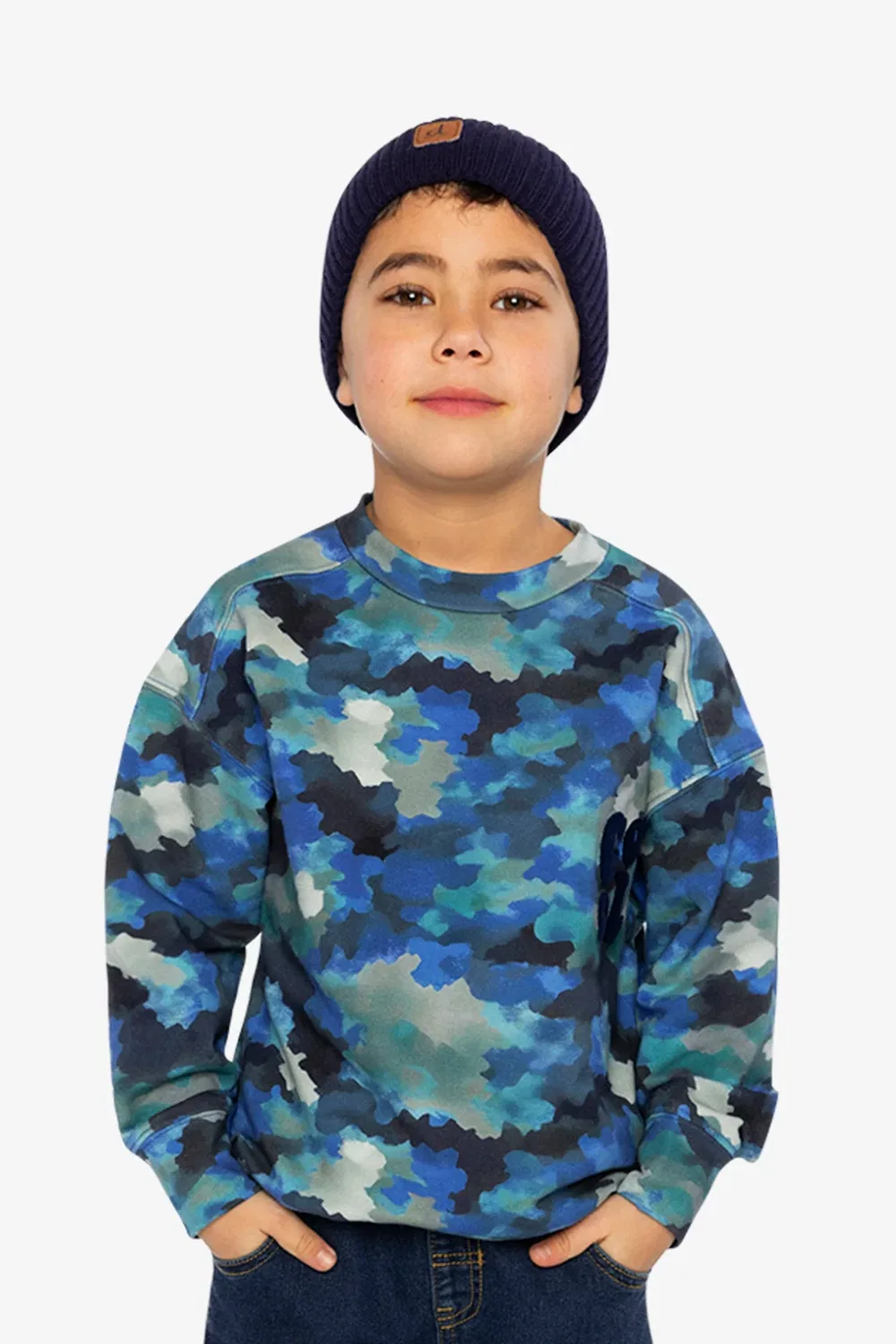 Детский свитшот с принтом камуфляж Fleece Sweatshirt Blue and Grey Camouflage Deux par Deux, Blue and Grey Camouflage — фото 2