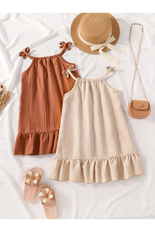 Детское платье для девочек с оборками Relaxed cut ruffled rope strap woven fabric 2-piece children's dress Machetta, Brown-Stone Color — фото 2