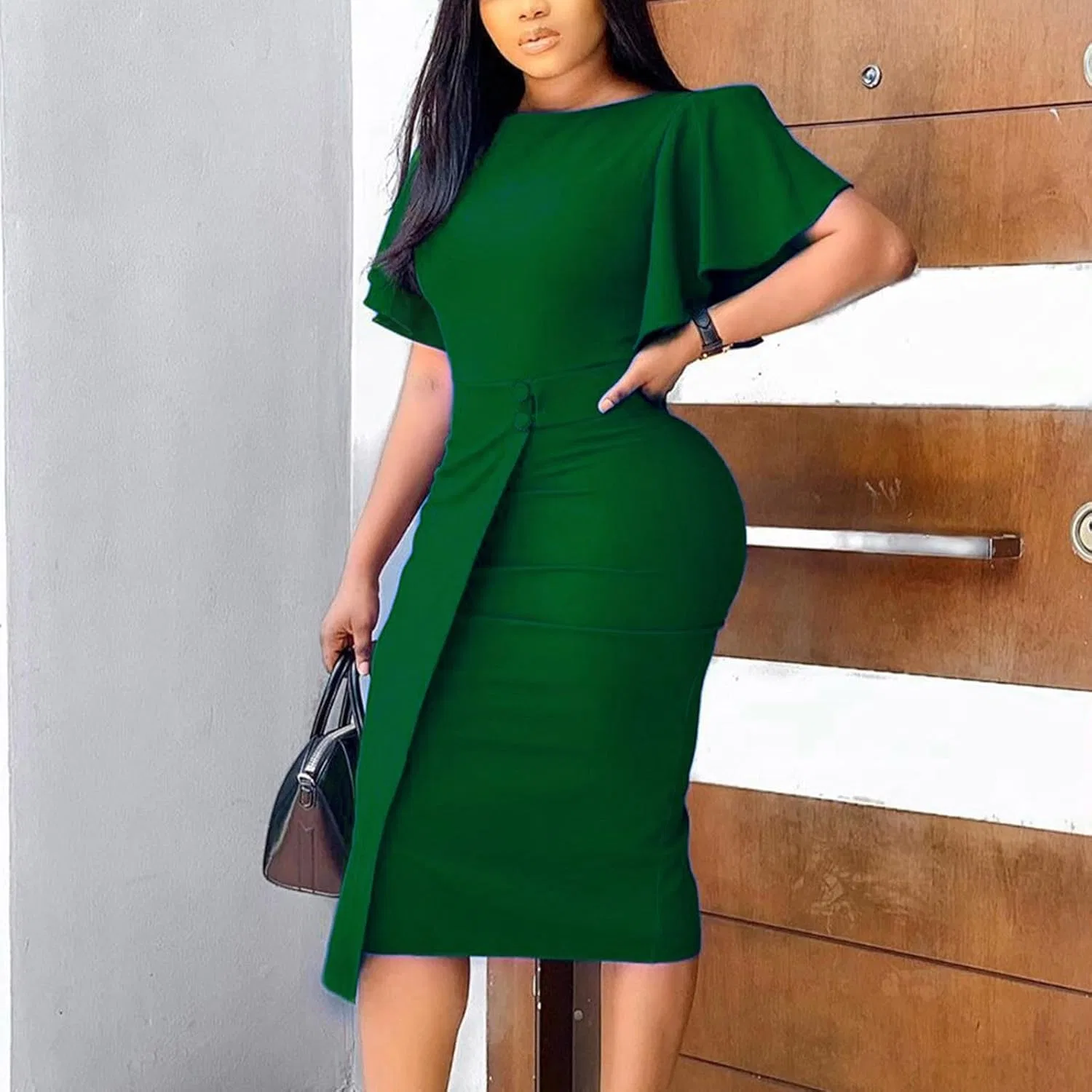 Женское платье с воланами, миди, Bodycon, Army Lime Green — фото 2