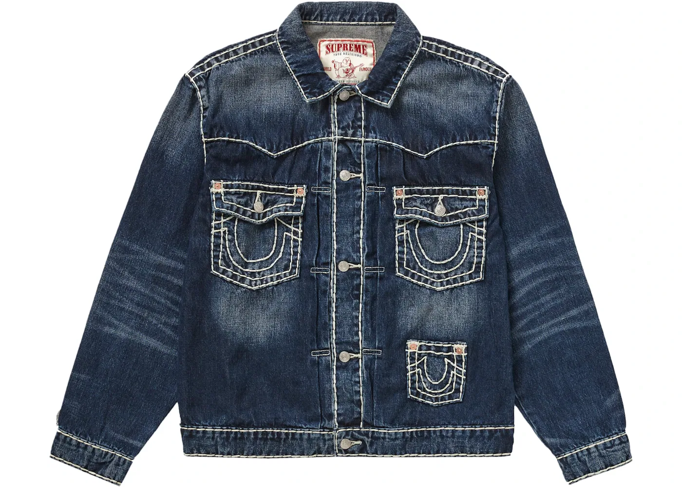 Мужская джинсовая куртка с принтом Supreme True Religion Denim Trucker Jacket, Washed Blue