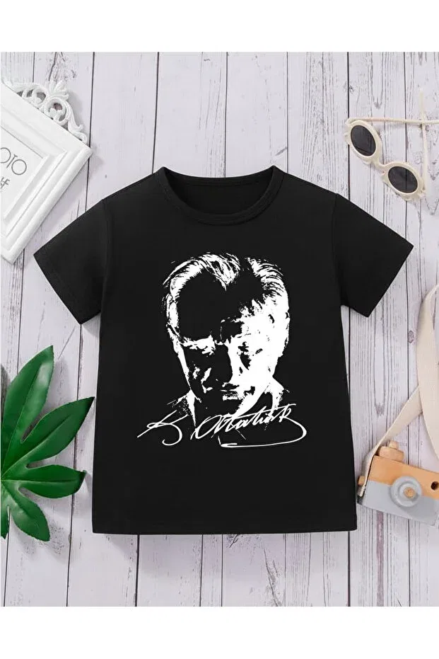Детская футболка с принтом Ataturk black children's t-shirt premium cotton printed comfortable fit Cda, Black