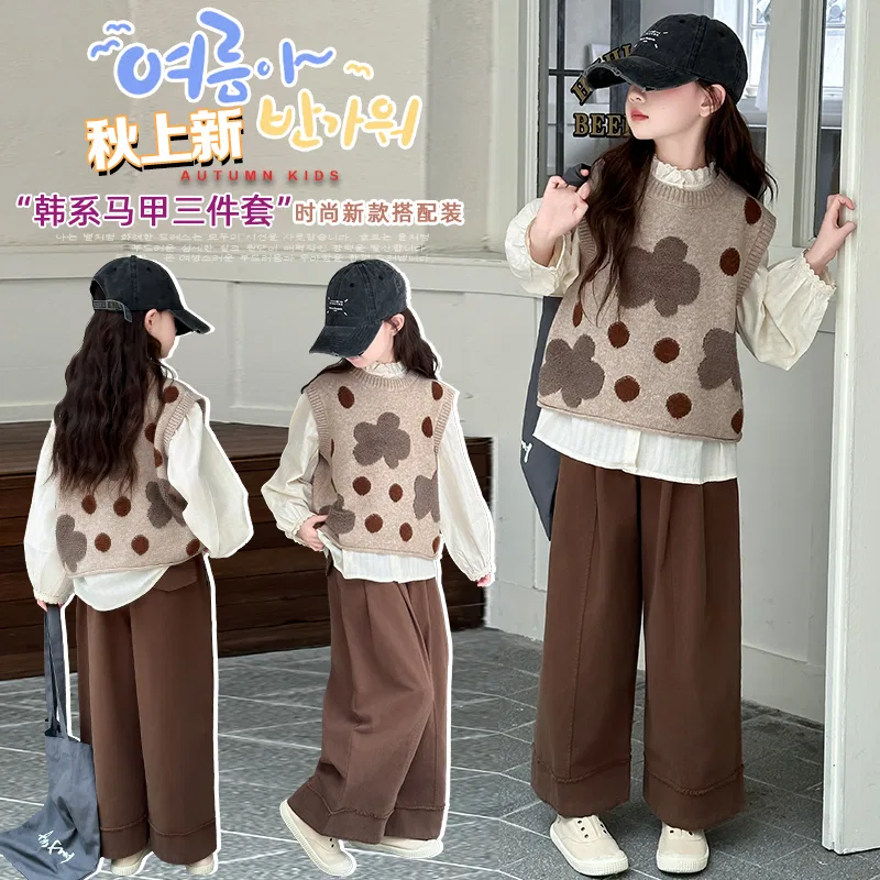 Детский комплект из жилета, рубашки и широких брюк Dot Vest+Shirt+Wide Leg Pants PLANDOO — фото 3
