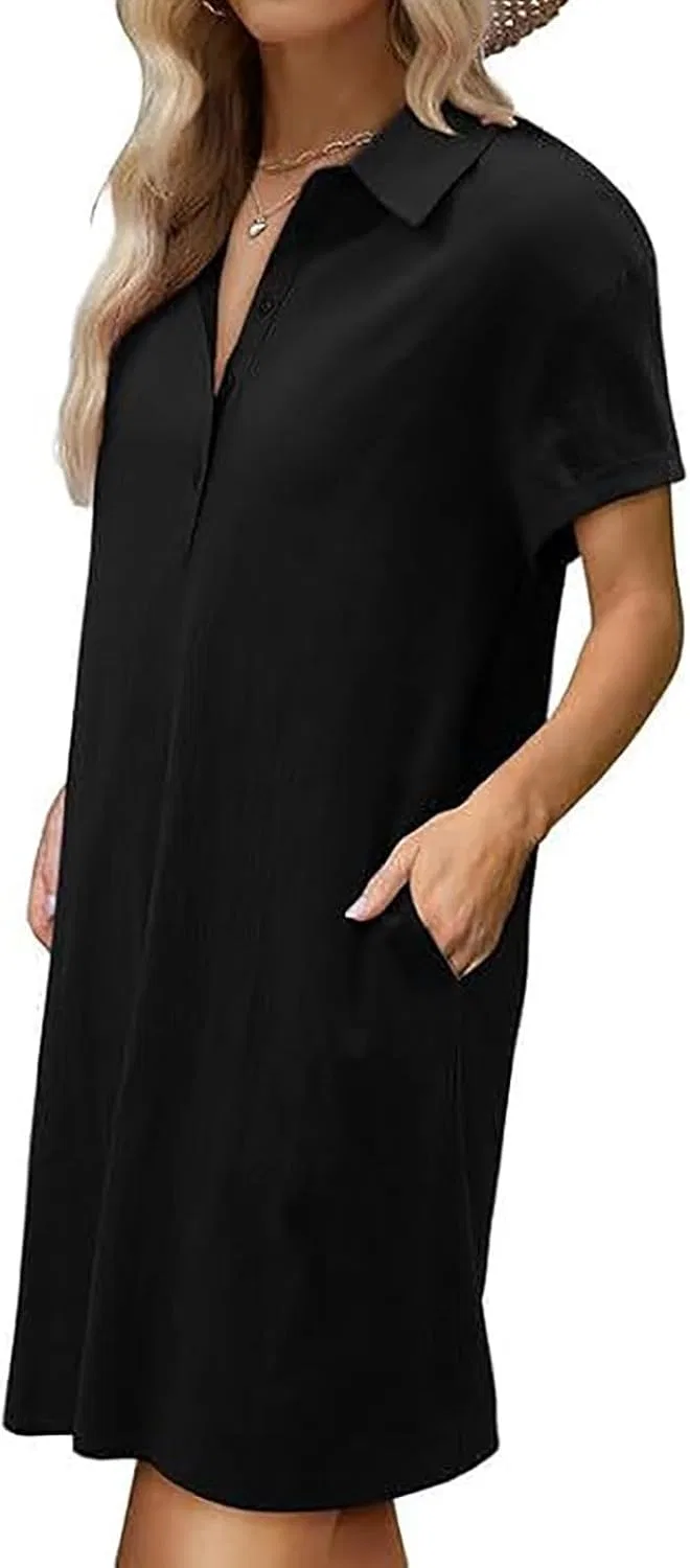 Женское повседневное платье-поло с коротким рукавом из хлопка и льна, Black — фото 3