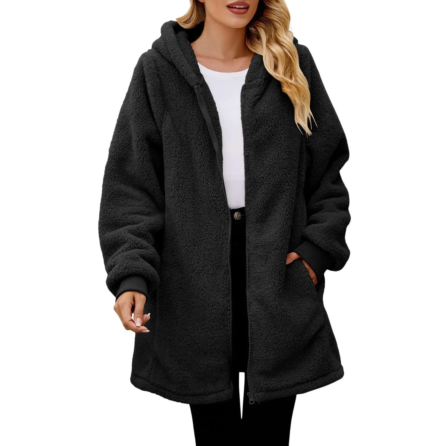 Женское утеплённое пальто с капюшоном Fleece Jackets, Black