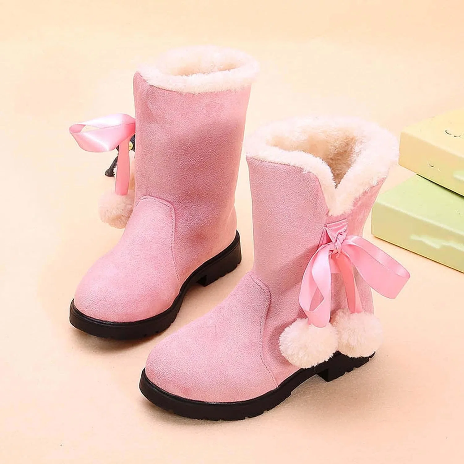 Детские зимние сапоги для девочек с мехом и бантом Zzalalana, Pink — фото 3