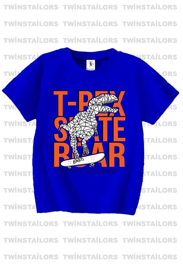 Детский комплект футболок для девочек с принтом Dinosaur printed 3 pack unisex orange-black-sax blue kids t-shirt Twins Tailors, Orange — фото 2
