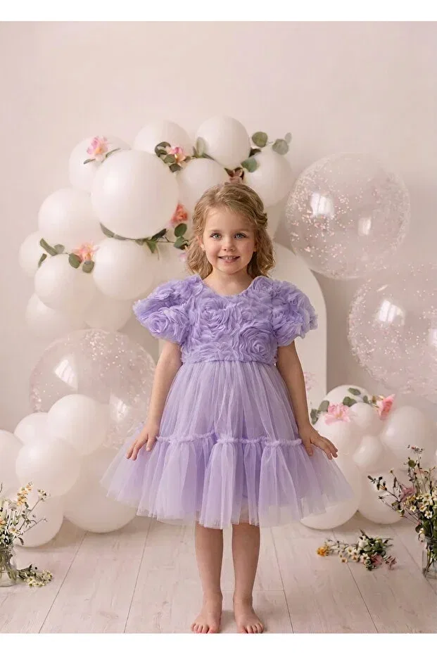 Детское платье для девочек с принтом Lilac 3d Rose Patterned Skirt with Ruffles at the Hem Graduation Special Occasion Girls' Dress Penu Baby Kids, Lilac