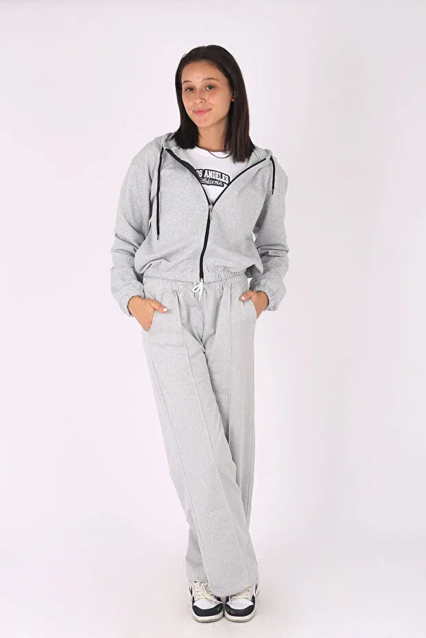 Детский комплект для девочек с принтом 3-Piece Hooded Crop Jacket T-Shirt And Long Bottoms Girls' Tracksuit Set Cm Buseyiz, Gray — фото 3