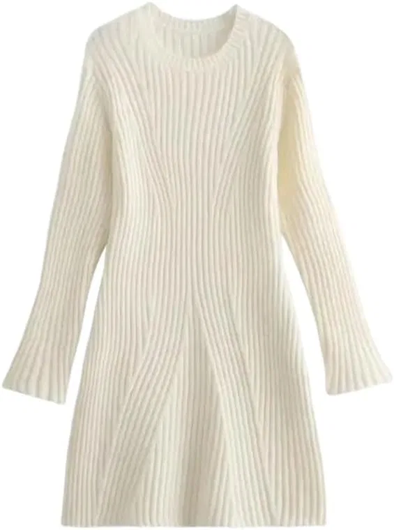 Женское вязаное платье с V-вырезом Ribbed O-Neck, Beige