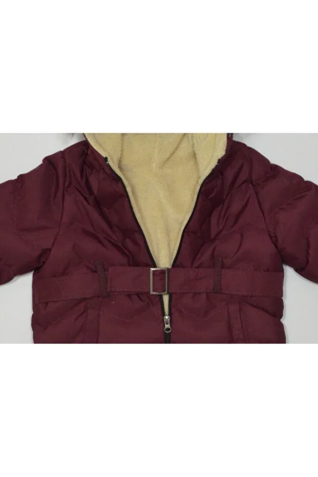 Детское зимнее пальто для девочек с капюшоном Winter zipper hooded with belt at the waist, welsoft lining, water and wind resistant baby girl children's coat Baby Slon Kids Clup, Burgundy-Buckled — фото 3