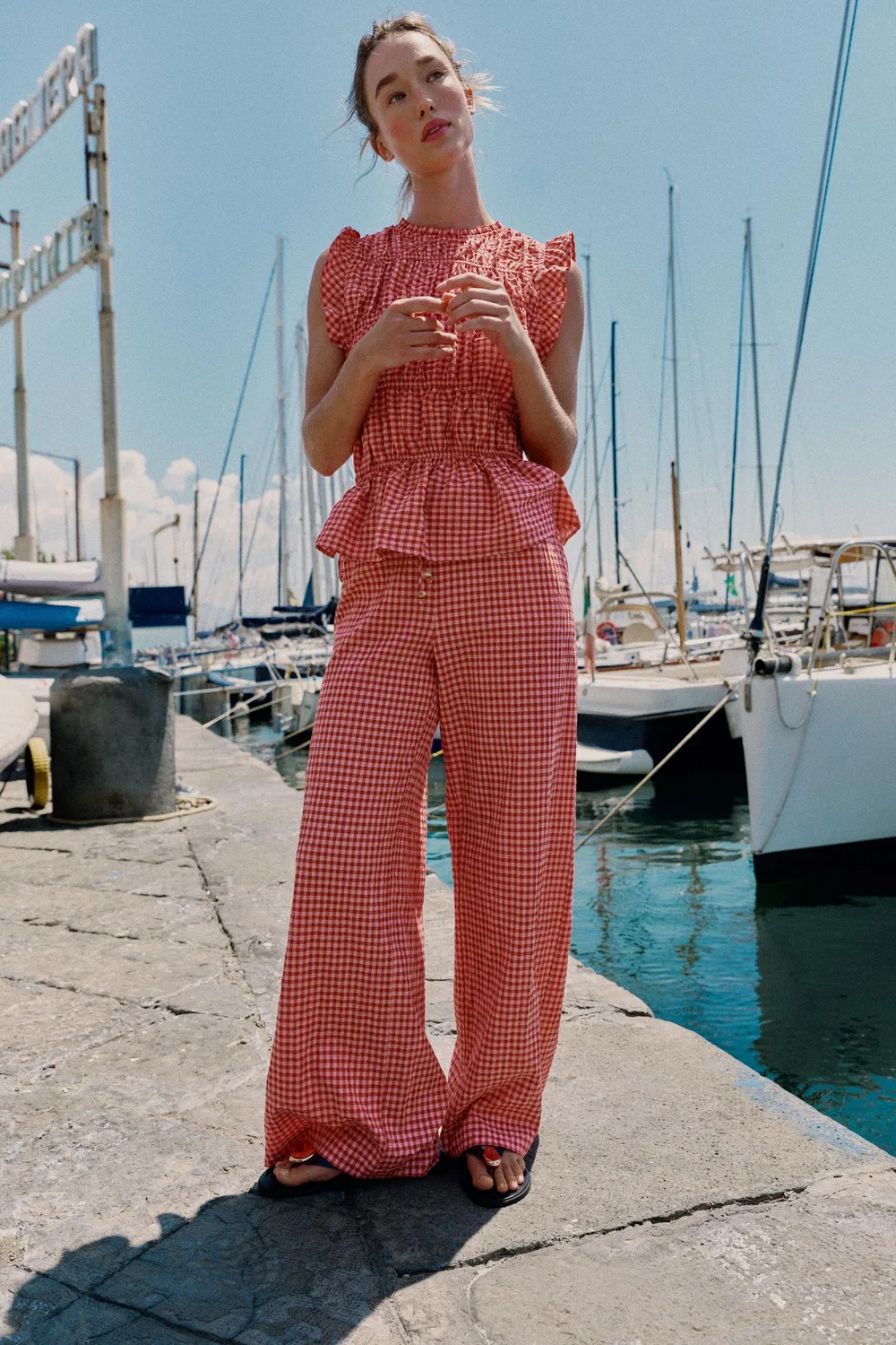 БРЮКИ В ШИРОКУЮ ШТАННУ В КЛЕТКУ ZARA, White/Red