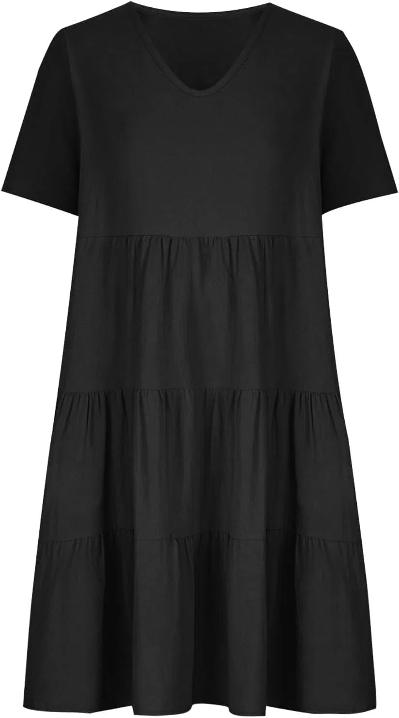 Женское свободное платье с V-образным вырезом из хлопка и льна, Black — фото 3