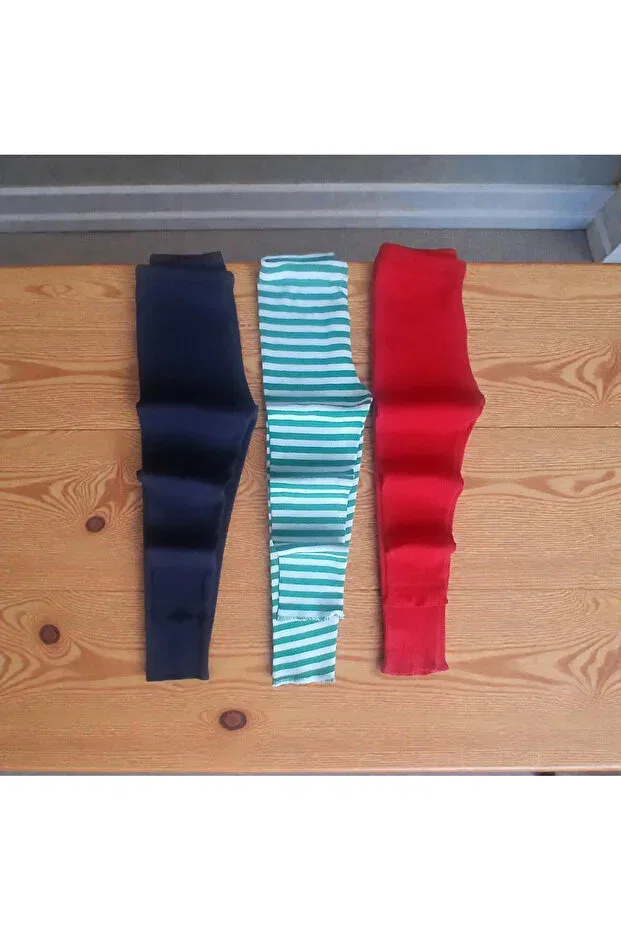 Детские леггинсы для девочек утепленные Комплект 3 шт Fun Kids Colthinig, Navy Blue-Red-Green-White-Striped — фото 2