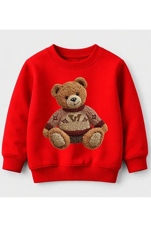 Детское худи для девочек с принтом Sweatshirt with embroidery look (print) bear wearing a sweater printed cotton 3-thread unsharmonized children's sweatshirt Efendioğlu Design, Red