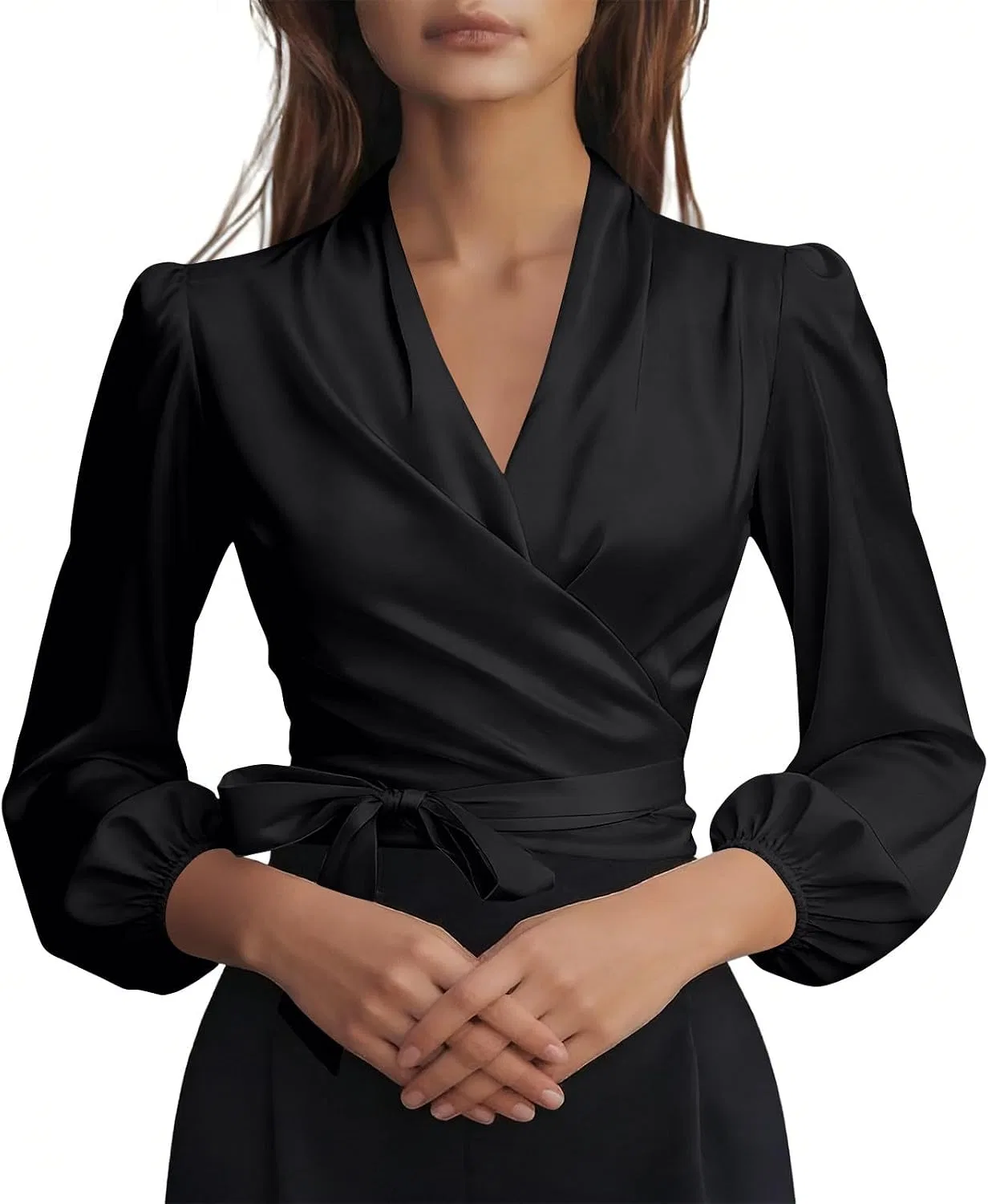 Женская блуза из атласа с запахом, модель Criss Cross Neck, чёрный — фото 2