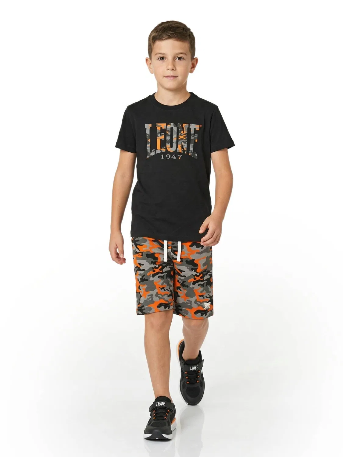 Детский комплект из футболки и бермуд с неоновыми деталями Leone 1947 Apparel, Schwarz / Orange — фото 3