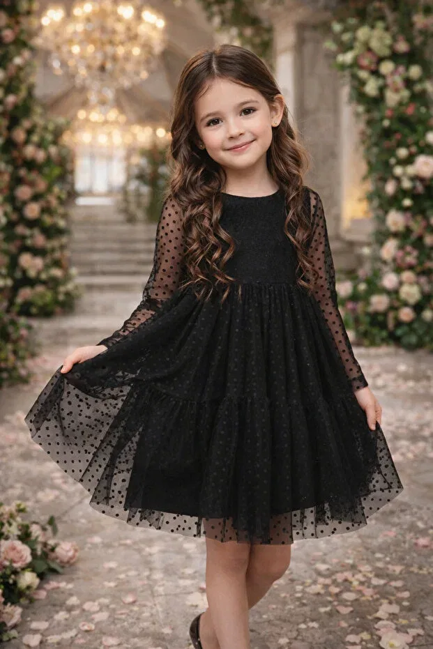 Детское платье для девочек с длинным рукавом из тюля Calisa, Black — фото 2