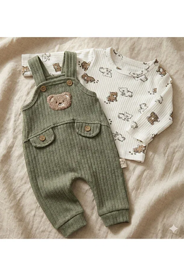 Детский комплект боди и комбинезона с вышивкой Teddy bear embroidered salopet and bodysuit baby set - ribbed, long sleeve, casual comfortable 2-piece set Myzi Store, Khaki — фото 4
