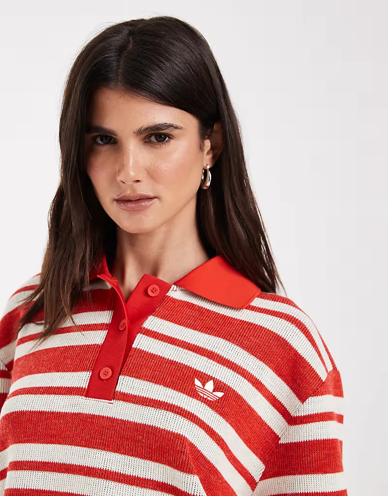 Вязаная регбийная поло-рубашка Adidas Originals Stripe красного, эксклюзивно представлена на ASOS