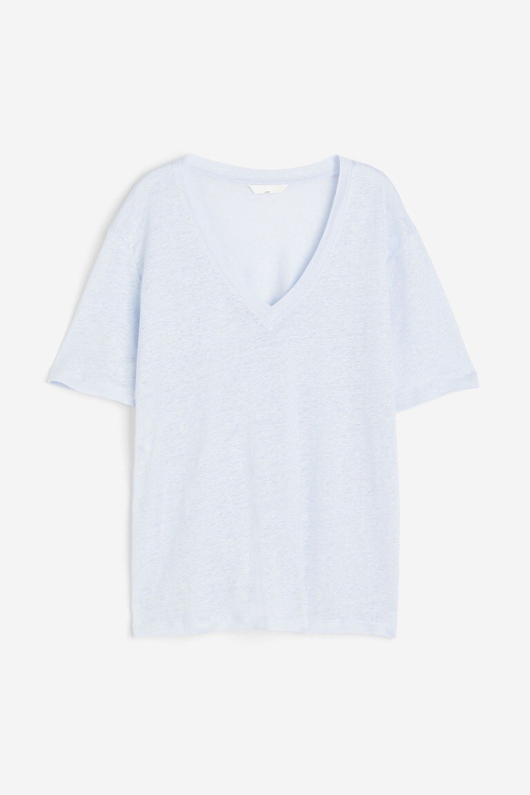

Льняная футболка из джерси с V-образным вырезом H&M, светло-синий