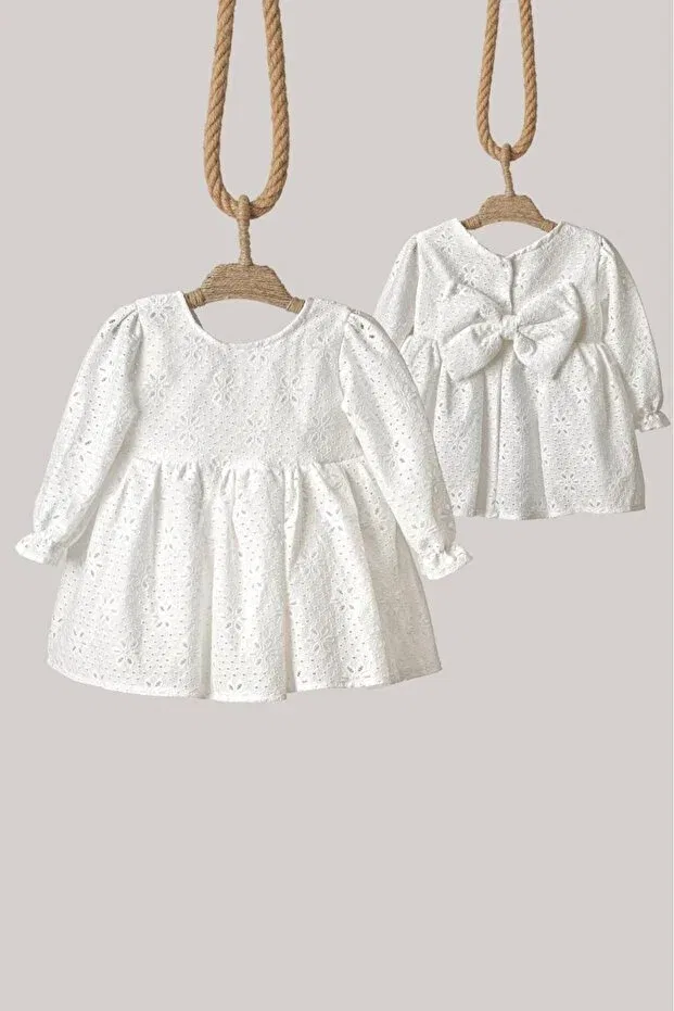 Детское платье для девочек с принтом Off-White floral patterned lace fabric long-sleeved girl's dress with bow detail for baby girls Penu Baby Kids, Ecru — фото 4