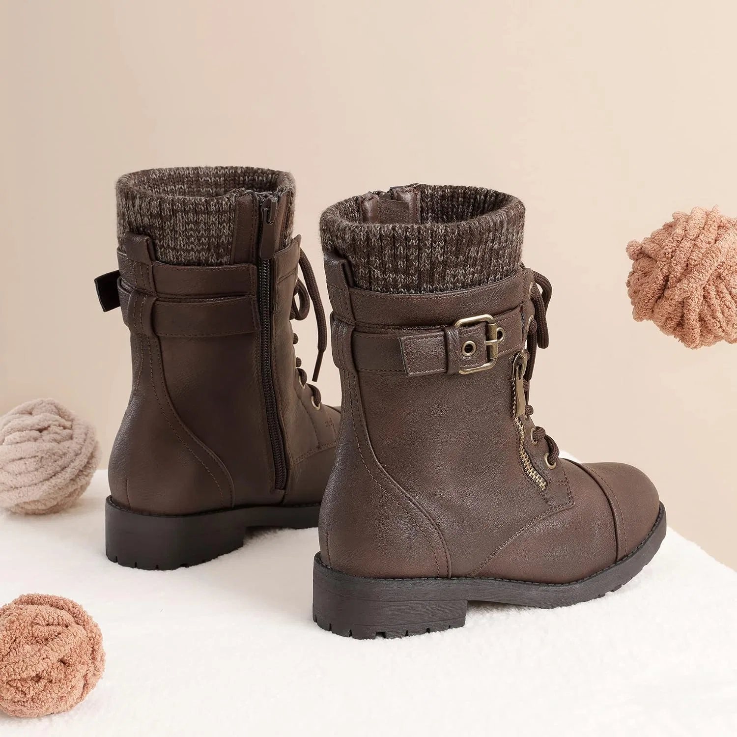 Детские ботинки для девочек с меховой подкладкой Combat Lace up DREAM PAIRS, Brown — фото 3