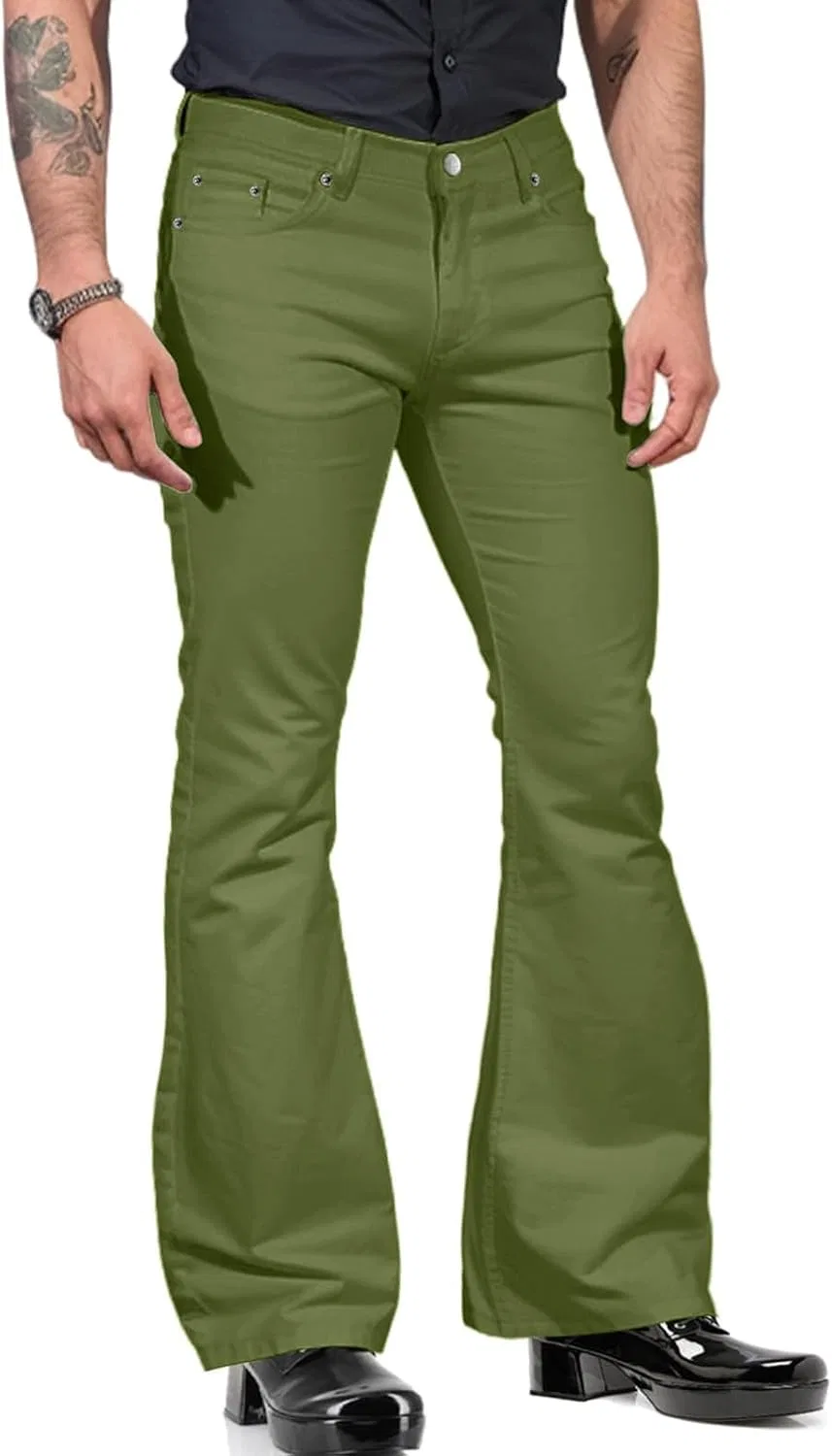 Мужские брюки клеш с принтом 70s Disco Pants, армейский зелёный — фото 2