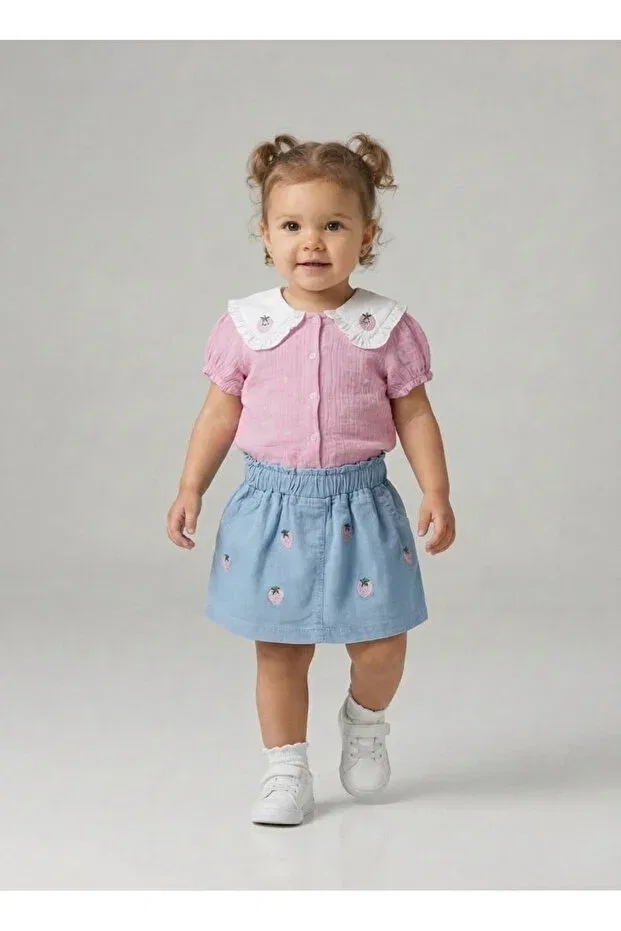 Детский комплект для девочек хлопковый Strawberry Embroidered And Patterned Skirt Set Necix'S, Pink