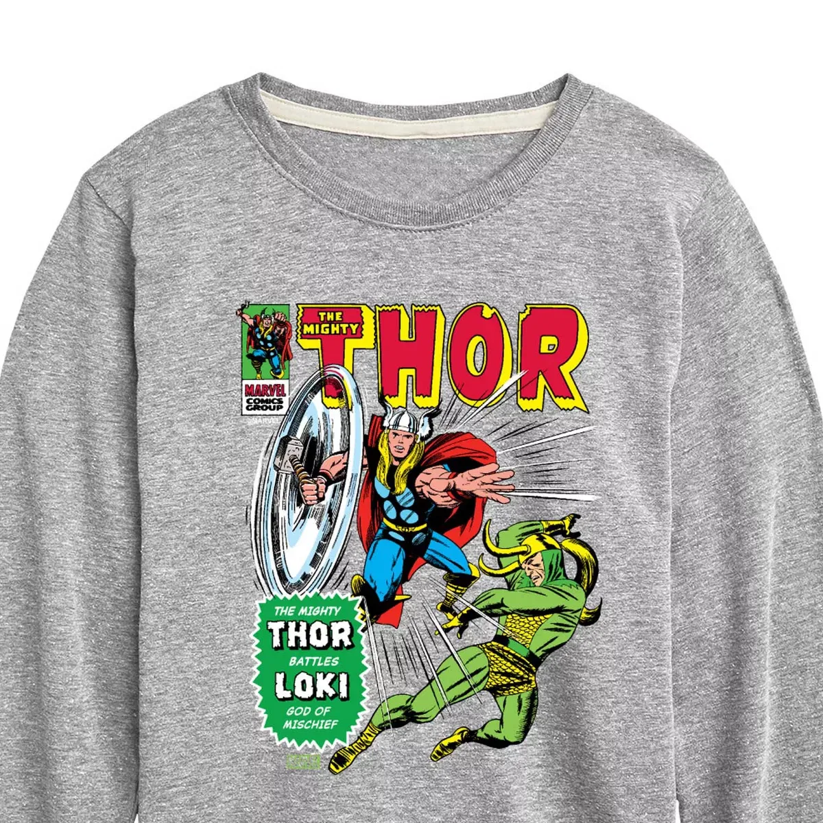 Детская футболка с длинным рукавом с принтом Marvel Thor Retro Comic Book Cover, athletic heather — фото 2