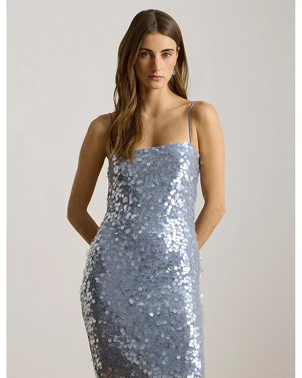 Женское платье с пайетками Sequined Tulle Midi Cocktail Dress Ralph Lauren, Blue Multi — фото 2