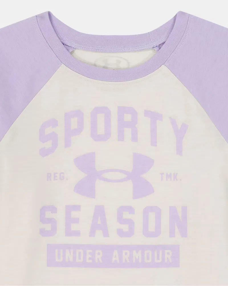 Комплект для девочек быстро сохнущий из футболки и шорт UA French Terry UnderArmour, Stone/Purple Crest — фото 2