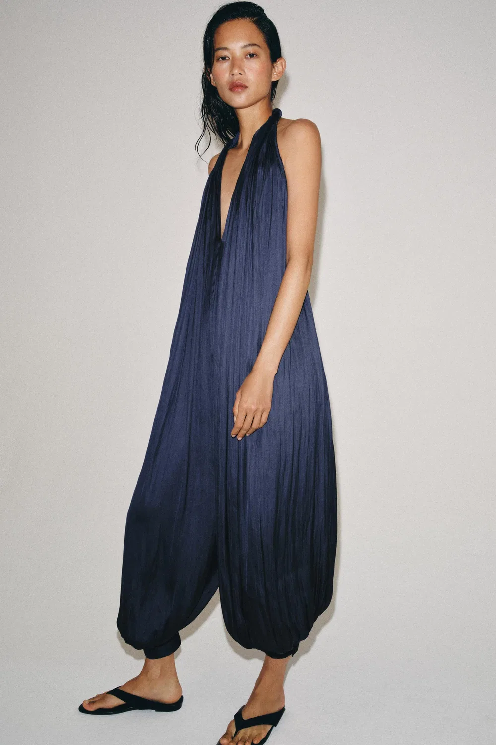 Комбинезон с атласной завязками на шее из коллекции ZW ZARA, Navy blue
