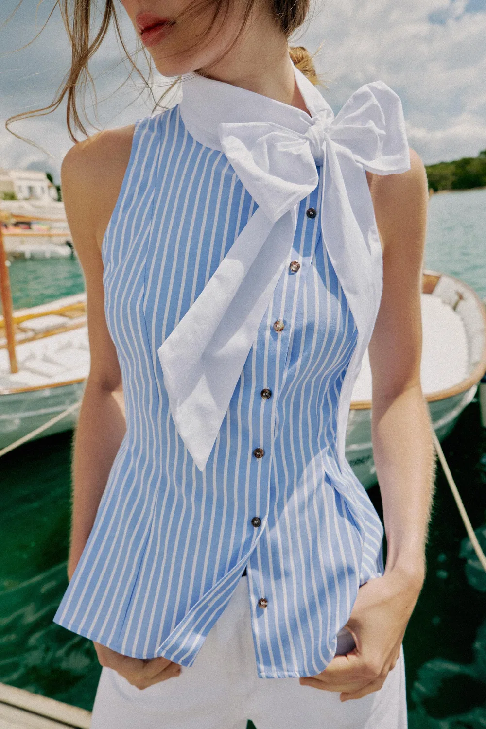 Полосатая рубашка без рукавов с завязками на шее ZARA, Blue/White — фото 3
