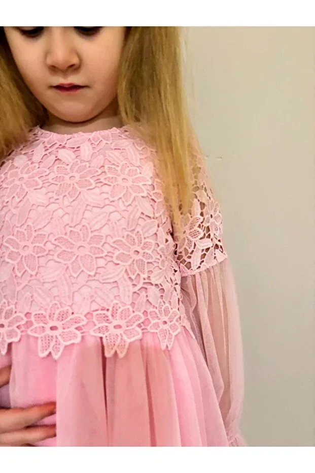 Детское платье для девочек кружевное Long sleeve lace tulle party/birthday/wedding dress Dfn, Pink — фото 2