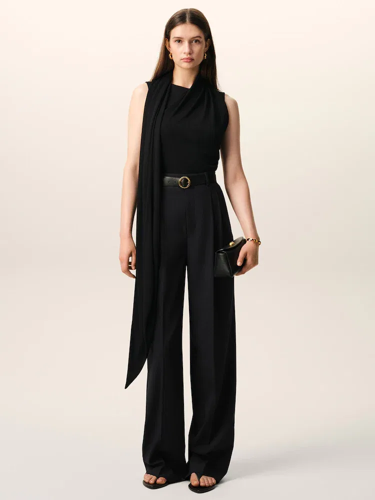 Брюки широкие с защипами, Women High Waist Wide Trousers With Two Pleats AMI PARIS, Noir