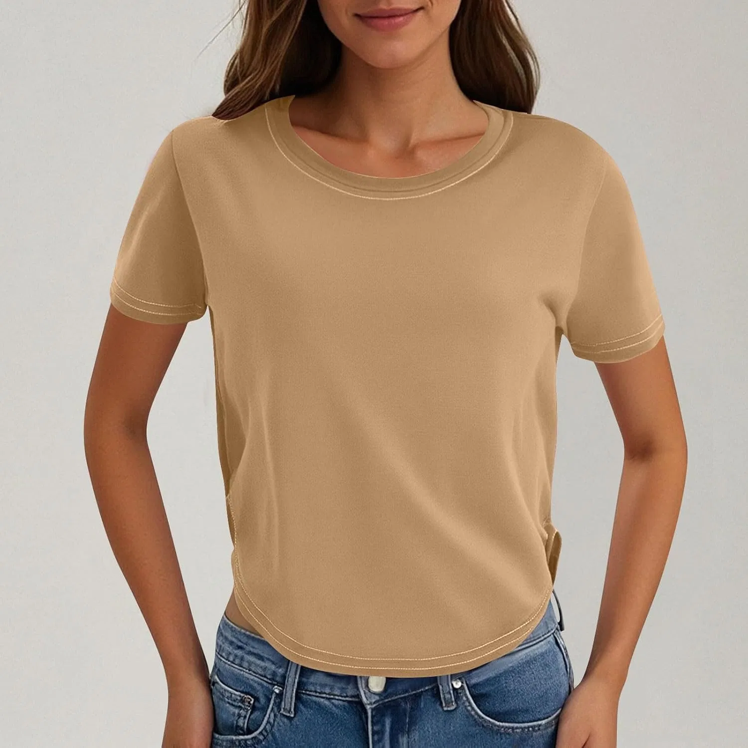 Женская свободная футболка с круглым вырезом, Khaki — фото 2