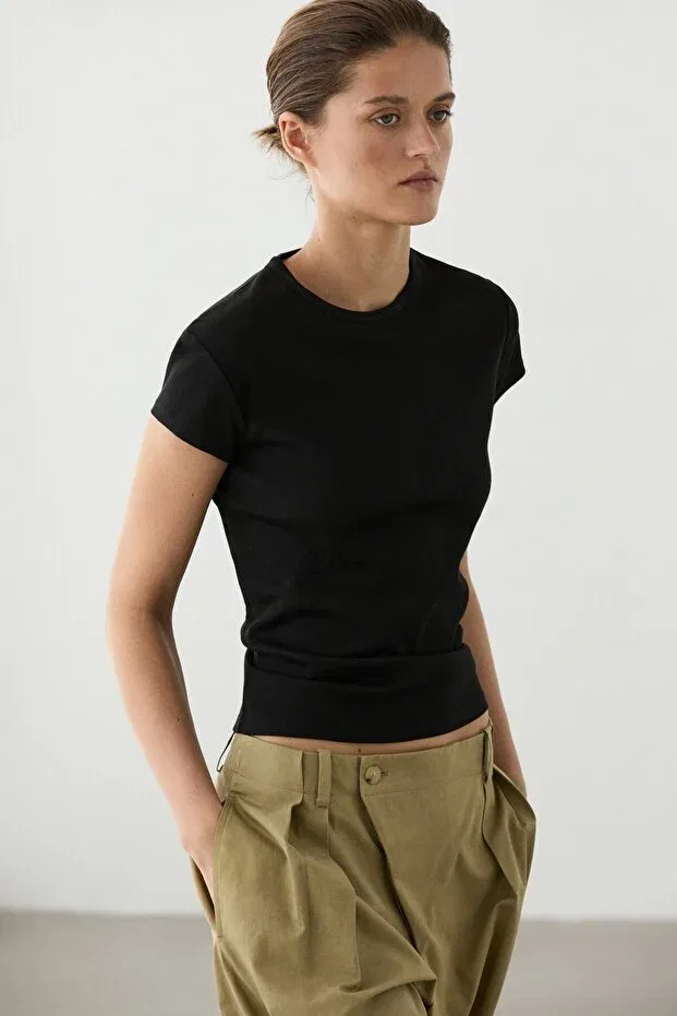 Женская футболка с коротким рукавом хлопковая Massimo Dutti, Black — фото 2