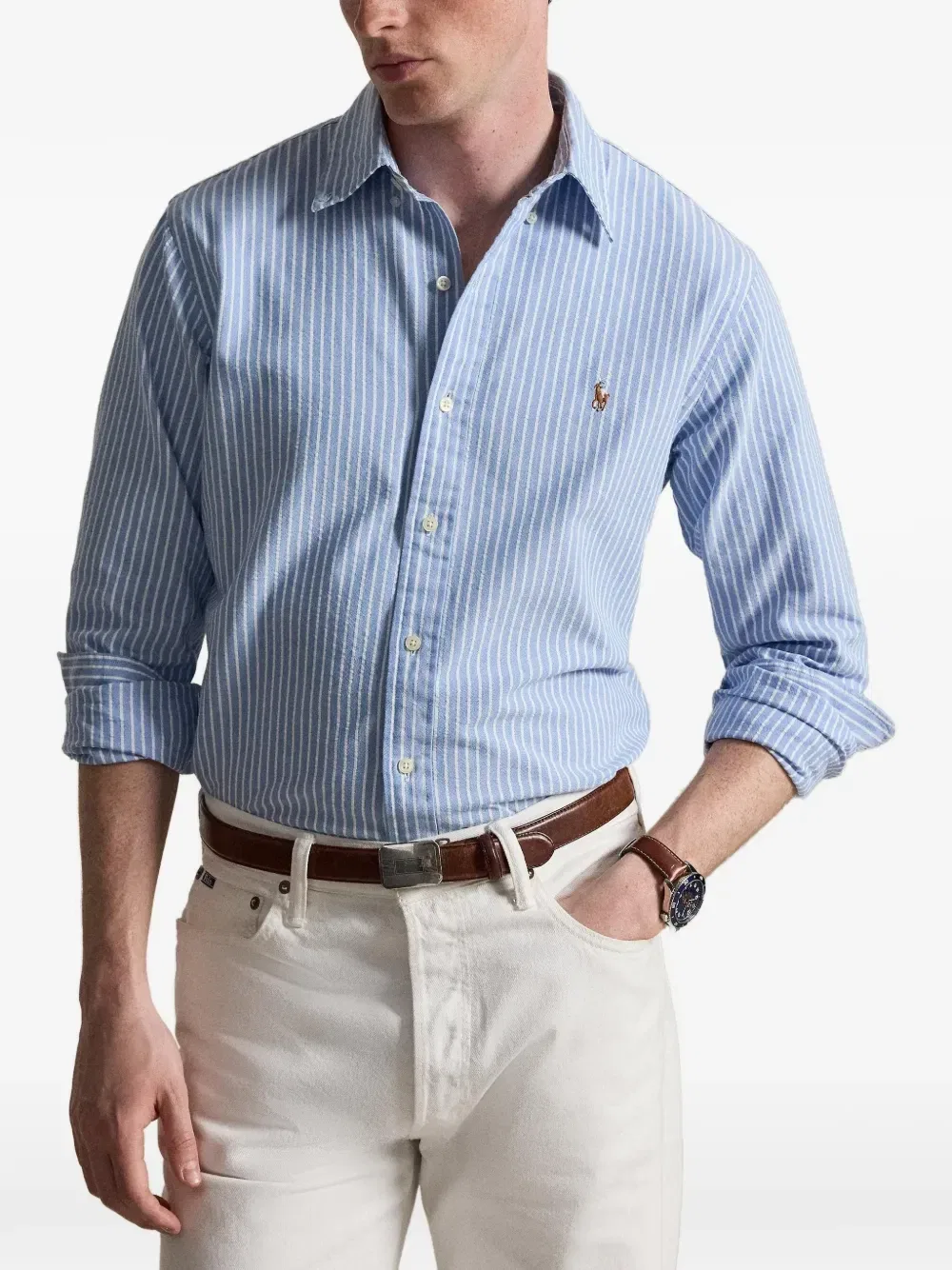 Рубашка Оксфорд в полоску Custom Fit Polo Ralph Lauren, синий — фото 4