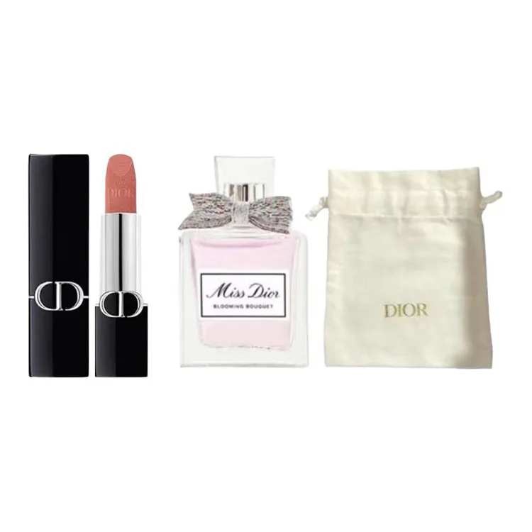 DIOR Пробник помады и парфюма Velvet Satin 1.5г+5мл подарочный набор, Velvet 100 1.5g+Floral Light Perfume 5ml+Dior Gold Label Pocket