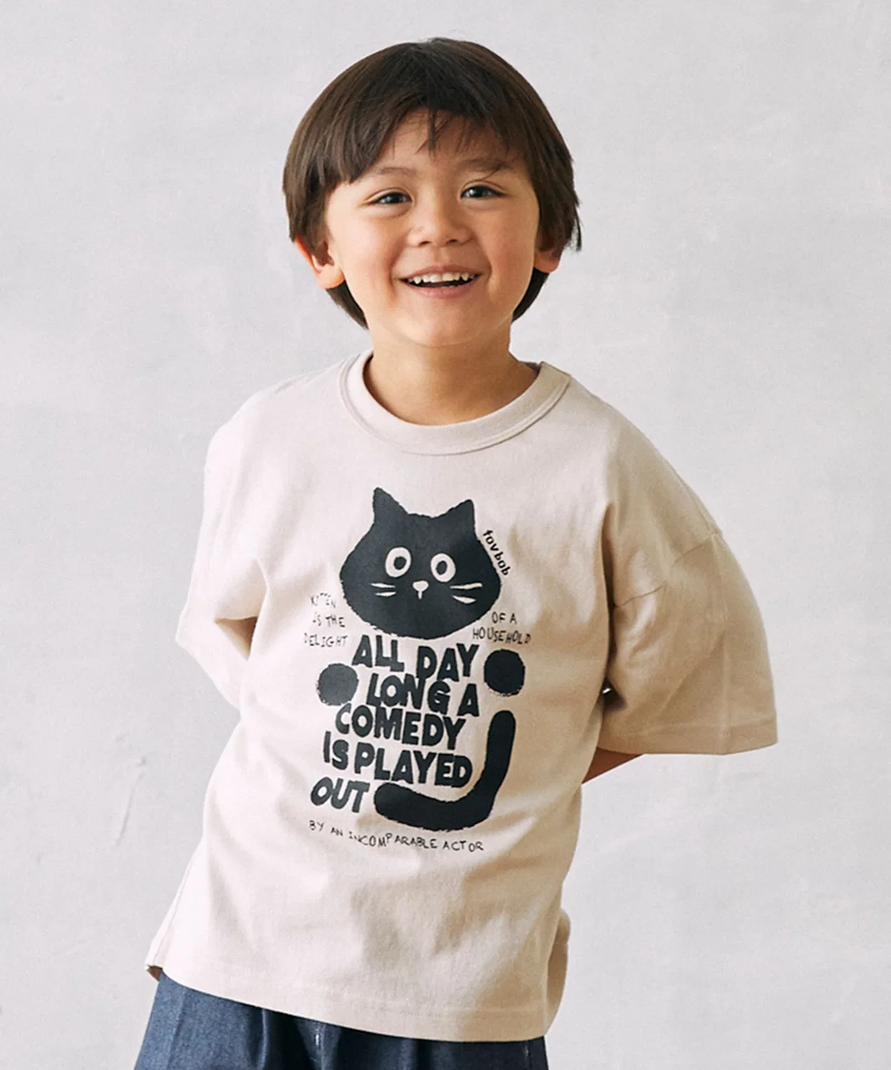Детская футболка с принтом черного кота FOV CAT T-Shirt, Beige