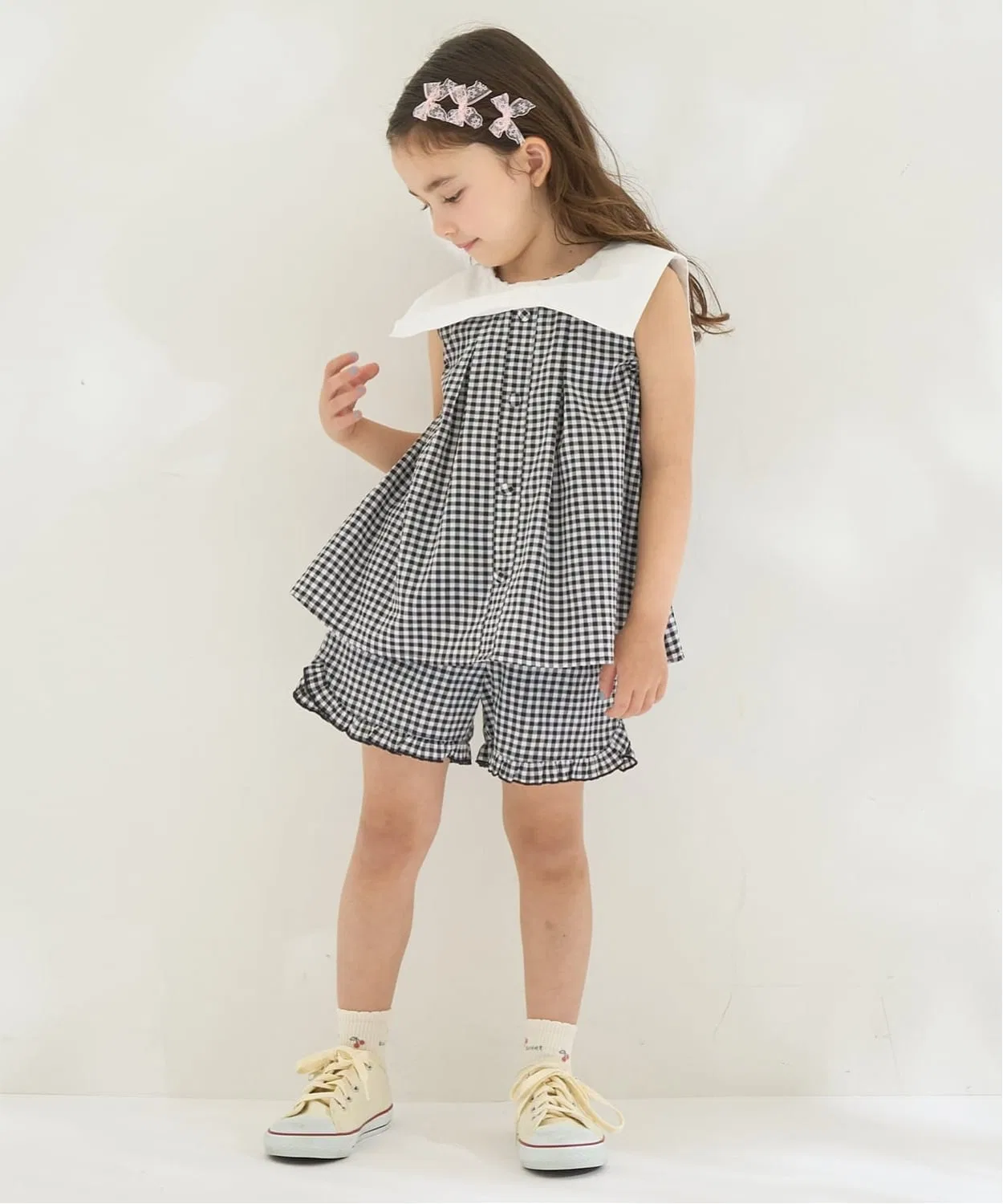 Детский комплект для девочек с бантом на вороте, модель Ribbon Collar Blouse & Frill Half Pants Set Lycee mine, Черный