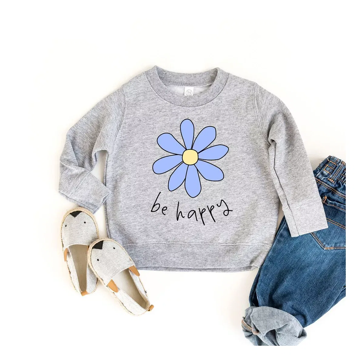 Детский свитшот для девочек с принтом Be Happy Flower The Juniper Shop, White — фото 2