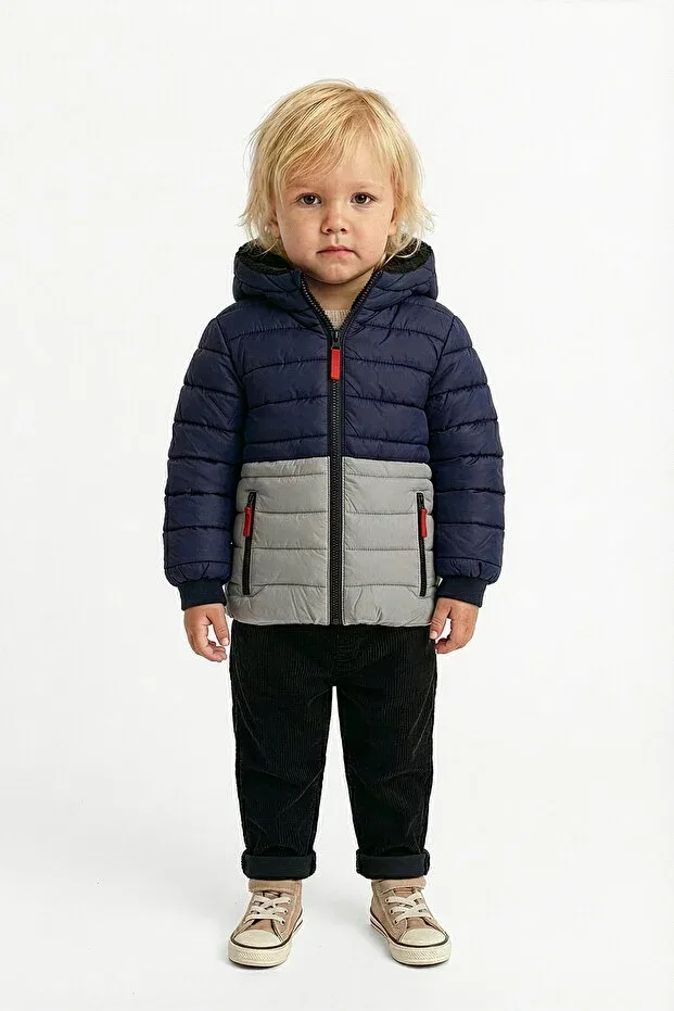 Детский зимнее пуховик для девочек с капюшоном D1Fference, Navy Blue - Gray — фото 2