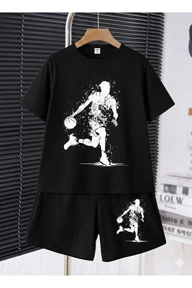 Детский комплект для девочки с принтом Summer children's t-shirt shorts unisex (ball playing man print Nice Clothes, Top And Bottom Black