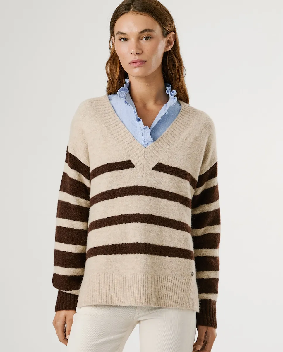 

Женский джемпер с V-образным вырезом в полоску Pepe Jeans, бежевый