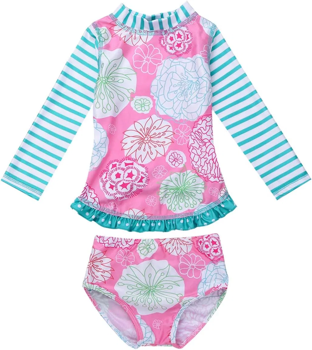 Linjinx 2PCS Детский купальник-танкини для девочек с длинными рукавами и цветочным принтом, состоящий из топа и трусиков, розовый — фото 4