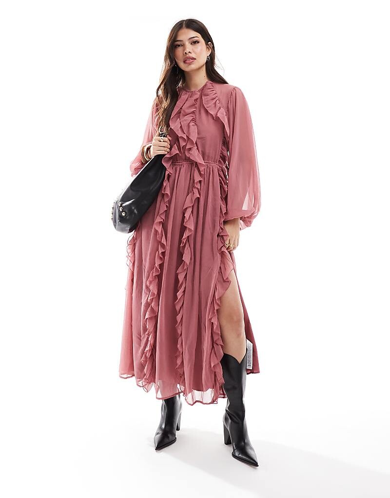 

Розовое платье макси с высоким воротником и оборками ASOS DESIGN