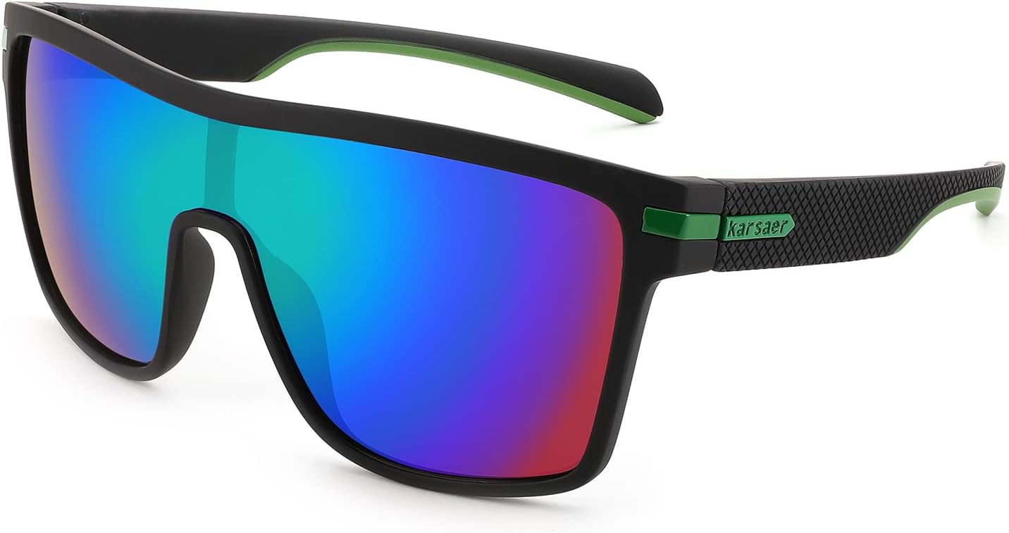 

Мужские поляризованные спортивные солнцезащитные очки Karsaer Flat Top TR90 в винтажном квадратном стиле для велоспорта, бега, рыбалки, гольфа, походов, Mirrored Green Lens