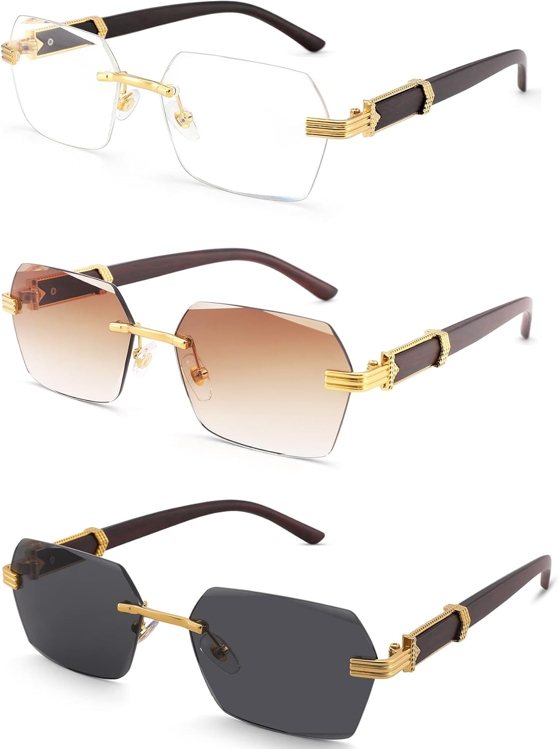 

COASION Модные солнцезащитные очки без оправы для женщин и мужчин в стиле ретро Y2k, квадратные солнцезащитные очки с тонировкой, C1 Gold / Transparent + Gold / Gradient Brown + Gold / Grey